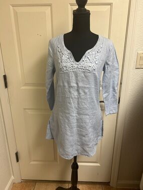 MALVIN I Love Linen Crochet Trim Tunic Mini Dress Top 3/4 Sleeve Blue Size Small